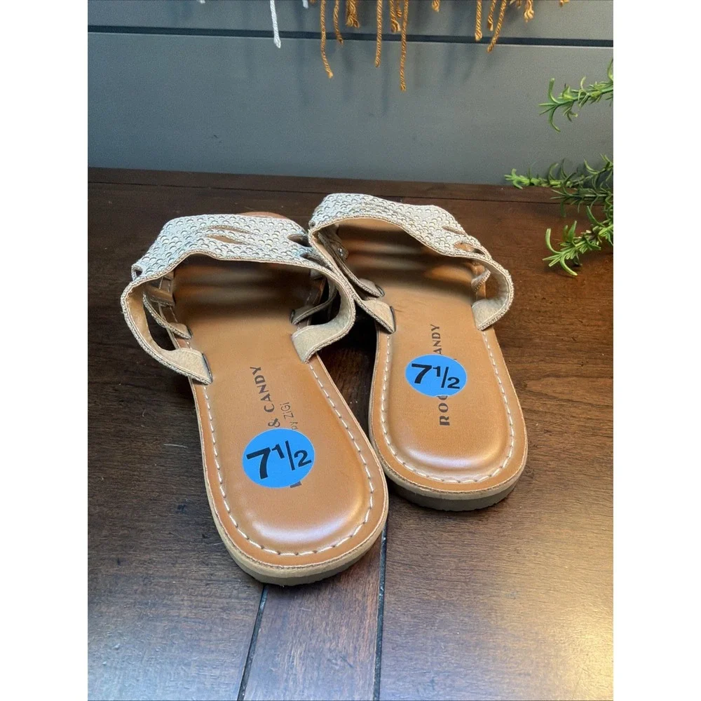 Rock & Candy Women's Sandals 7.5 Tan Shimmering Crystals Slide Gryssel Flat